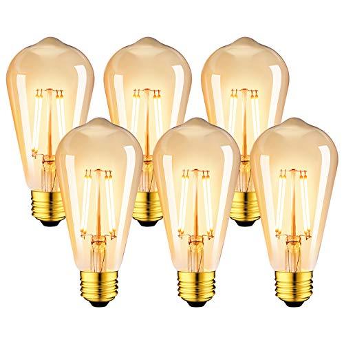 LVWIT Lampadine di Filamento a LED, ST64 Edison Vintage, Attacco E27, 6.5W Equivalenti a 53W, 685 Lumen, Luce Bianca Calda 2500K, Stile Edison Vintage Marrone, Non Dimmerabile – Pacco da 6 Pezzi
