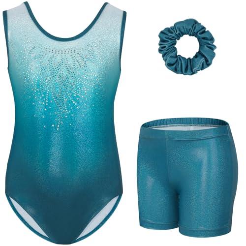 Gogokids - Set da ginnastica a tre pezzi per ragazze, body senza maniche con pantaloncini e fascia, vestito da ginnastica con design a colori scintillanti sfumati, età 3-12 anni, 140(130-140 cm,9-10Y)
