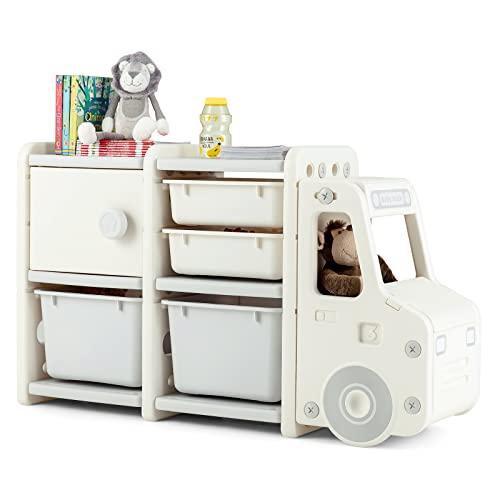 COSTWAY Organizer per Giocattoli con Scatole per Bambini, Scaffale Multilivello a Forma di Camion, Scaffale per Giocattoli con 2 Livelli e 4 Scompartimenti per Bambini (Grigio)