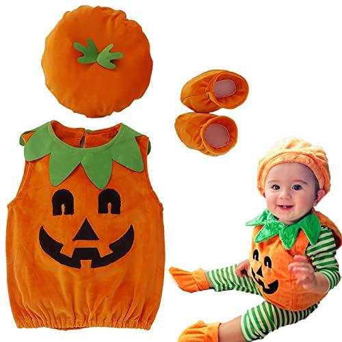 Hifot 3 Pezzi Vestito Zucca Neonato,Costume Zucca Bambino Pagliaccetto con Cappello e Scarpa Costumi Halloween Bambini Ragazze Ragazzi