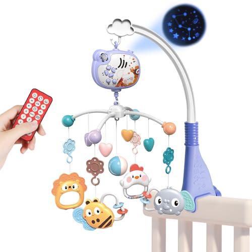 Aolso Carillon Elettronico per Culla e Lettino,Telecomando Scatola Musicale con 317 Melodie,Rotanti Giocattoli per Neonati,Telecomando Funzione di Cronometraggio con Proiettore e Musica, Coniglio-Blu