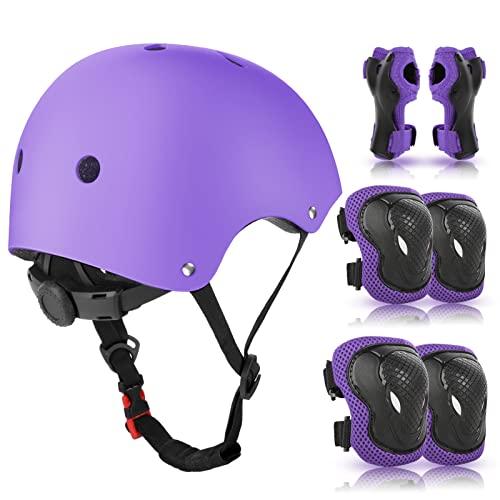 WayEee - Set di Protezioni per Bambini 3-10 Anni, Ginocchiere e Casco, Attrezzature di Protezione per Skateboard, Ciclismo, Pattini a Rotelle, Pattini in Linea (viola)