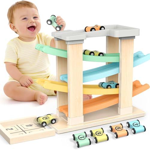 Toyzey Giochi Bambini 1 Anno, Macchinine per Bambini Pista Macchinine con 4 Mini Auto Giochi Montessori 1 Anno Giochi Legno 1 2 Anno Compleanno Regalo Bimbo 1 2 Anno Carro Giocattolo (colorato)