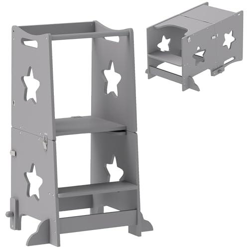 AIYAPLAY Torre Montessoriana Bambini Convertibile in Set Tavolo e Sedie con Barra di Sicurezza, Sgabello per Bambini 3-6 Anni in Legno, Torre di Apprendimento per Bagno, Cucina e Toilette, Grigio