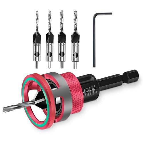 Set di 6 punte per trapano a svasatura con attacco di profondità regolabile e chiave a forma di L, perfette per progetti di lavorazione del legno, plastica e legno (Red)