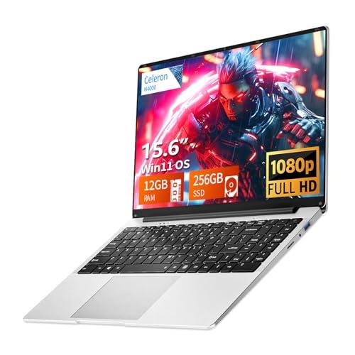 Notebook 15,6 Pollici, Win 11 Laptop 12GB LPDDR4 RAM 256GB SSD, PC Portatile Celeron N4000 CPU, Computer Portatile Schermo IPS FHD 1920*1080, WiFi5/Mini-HDMI/BT4.2/USB3.0/Webcam, Espansione SSD 1TB