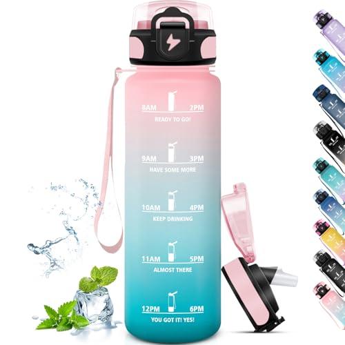 Grsta Borraccia 1 Litro, Borraccie Palestra con Cannuccia, Borracce Motivazionale con Scala Temporale, Borraccia con Orari per Bere, Facile da Pulire, Borraccie per Sport, Trekking, Ciclismo
