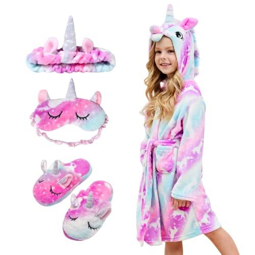 Piefry Bambina Accappatoio Morbido Unicorno Vestaglie con Cappuccio per Bambine con Unicorno Pantofole, Benda e Fascia - Regali per Ragazze (Unicorno Rosa/Viola, 8-9 anni)