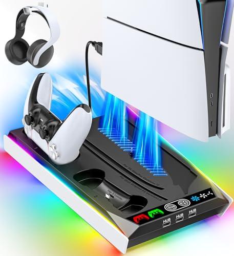 Supporto PS5/Slim/Pro per Console Disco & Digitale, Base Raffreddamento PS5 & Ricarica PS5 con Illuminazione RGB, Caricatore per Controller PS5 con Ventola a 3 Livelli, Accessori PS5/Slim/Pro