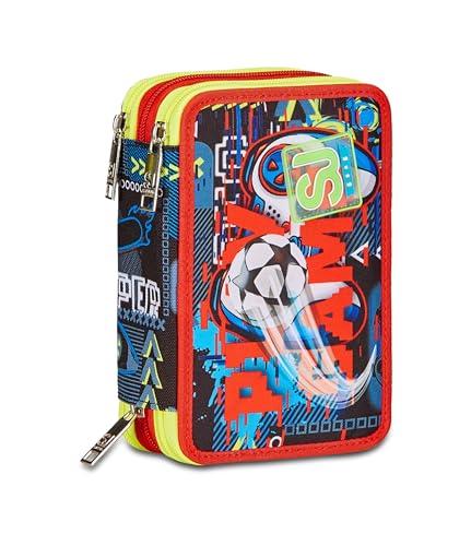 SJ Gang STYLE JAM GANG Astuccio Scuola 3 Zip, Nero, Rosso, FunnyGoal, Portapenne Triplo Scomparto Completo Di Penne, Matite, Colori, Accessori Zaino, Elementari, Medie, Bambino