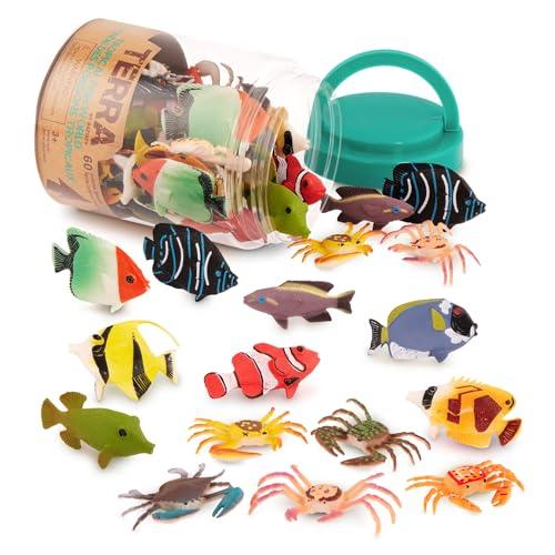 Terra by Battat - 60 Pezzi Pesci tropicali in tubo - miniature acquatiche assortite, pesci pagliaccio, pesci chirurgo blu, granchi e altro, figurine per bambini dai 3 anni +