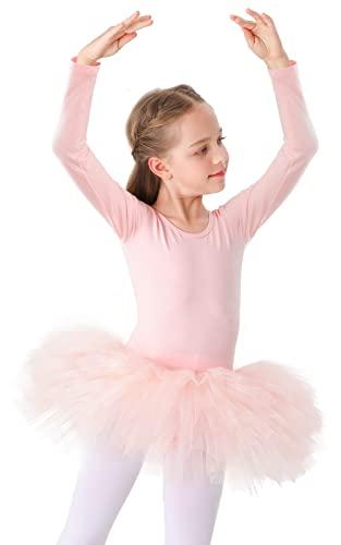 Bezioner Ragazza Tutu per Danza Body da Balletto Leotard Vestito Ginnastica (100 (90-100 cm,2-3 anni), Rosa Manica lunga)
