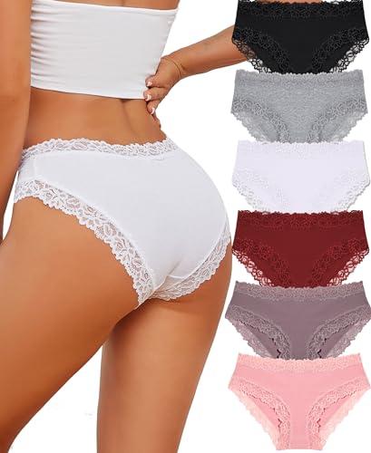 ALL OF SHE 6 Pezzi di Biancheria Intima da Donna in Cotone Brasiliano, Slip in Pizzo Morbido Hipster Sexy Panties Mutande da Donna morbide, Taglie Confezione,M