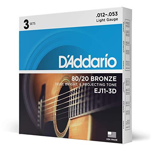 D'Addario Corde Chitarra Acustica - Corde per Chitarra Acustica - Corde Acustica - EJ11 – 3D 80/20 Bronzo corde per chitarra acustica, 12 – 53, 3 set, chiaro