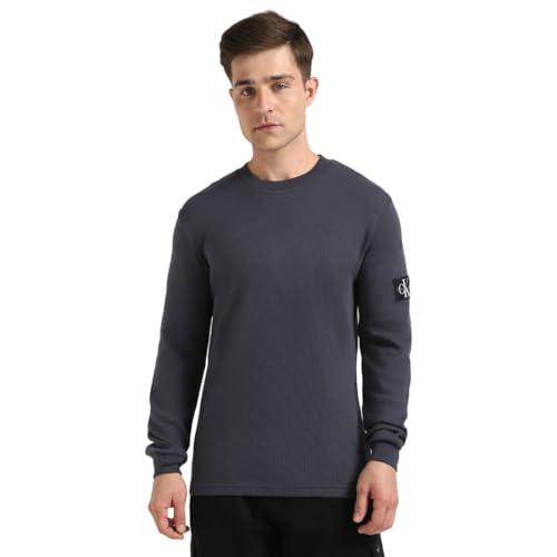 Calvin Klein Uomo Maglietta Maniche Lunghe Badge Waffle Cotone, Blu (India Ink), S