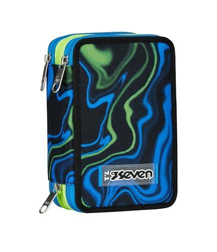 Seven Astuccio Scuola 3 Scomparti, Blu, Multi-Shade Boy, Portapenne Triplo Scomparto Completo Di Penne, Matite, Colori, Accessori Zaino, Elementari, Medie, Superiori, Bambino Ragazzo