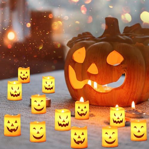 12 Candele LED di Halloween,Lanterne Halloween Decorazioni Tavola con Espressione Strana,Decorazioni Halloween Giardino,Halloween Zucca Luminosa,Candele Halloween di Cera Senza Fiamma (luce calda)