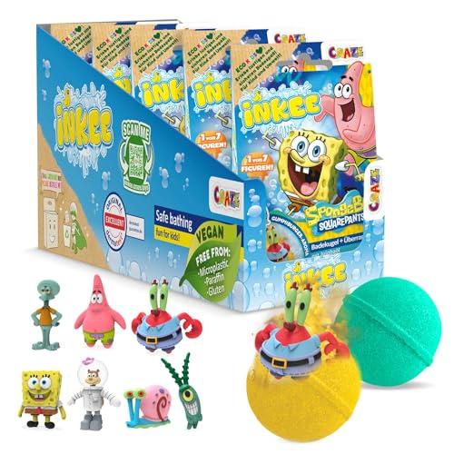 INKEE SpongeBob SquarePants confezione da 5 bombe da bagno per bambini con sorpresa - figure collezionabili di SpongeBob - 5x sfere da bagno da 80 g al gusto di gomma da masticare e olio di jojoba