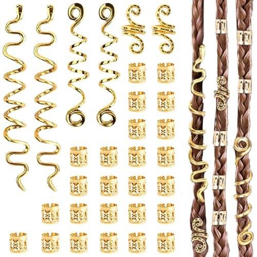 LUFFLOK 31 Pezzi Dreadlocks Trecce Clip, Oro Dreadlock Perline Clip a Spirale, Perline Dreadlock Treccia Accessori per Capelli, Regolabile Anelli Clips Per Uomini e Donne (Oro)