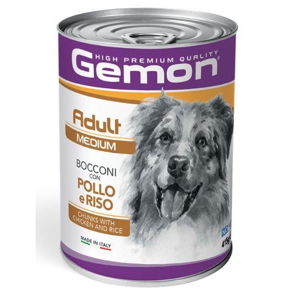 Gemon Umido Cane Adult All Breeds gusto POLLO e RISO, bocconi per cani adulti, alimento completo | 12 scatolette da 400 grammi l’una.