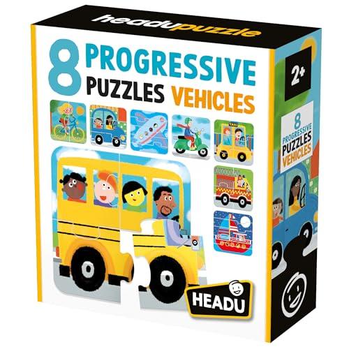 HEADU - 8 Progressive Puzzle Vehicles - Grandi pezzi adatti ai più piccoli - Puzzle Educativo per Bambini dai 2 ai 4 anni, Made in Italy | IT60957