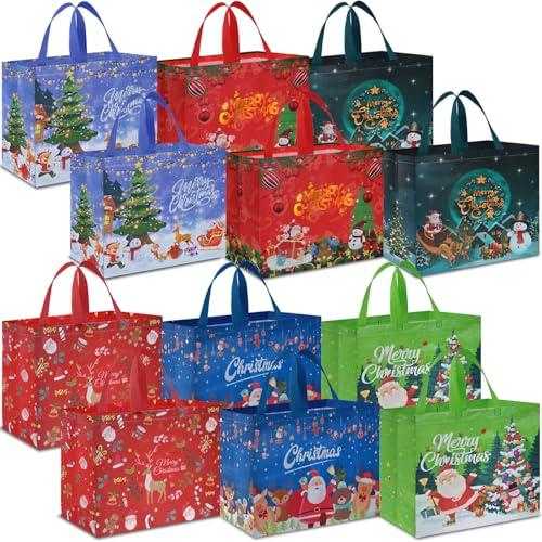 AhfuLife 12pcs Sacchetti Regalo Natale, 36×40×15cm, Borsa Natalizia Riutilizzabile in Tessuto Non Tessuto, Sacchetti Natale con Manico per Confezioni di Regali, Borse per la Spesa Natalizia