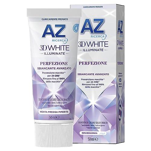 AZ Ricerca DENTIFRICIO 3D White Illuminate Perfezione, SBIANCANTE AVANZATO, RIMUOVE Fino al 100% delle MACCHIE Superficiali, Confezione SINGOLA da 50ml, Gusto MENTA FREDDA PIPERITA