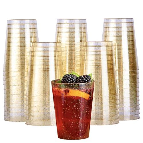 Matana 50 Bicchieri di Plastica Rigida Lavabili con Glitter Oro (285ml / 10oz) – Riutilizzabili – Bicchieri Cocktail/Festa per Prosecco, Punch, Bibite & Dessert – Matrimonio, Natale, Capodanno, Feste