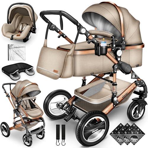 KIDUKU® 3 in 1 Passeggino Completo Trio | Passeggino Sistema Combinato con Navicella Ovetto Seggiolino Auto Coprigambe | Pneumatici in Gomma Dura Borsa Fasciatoio Tavolo per Bambini ECE R129