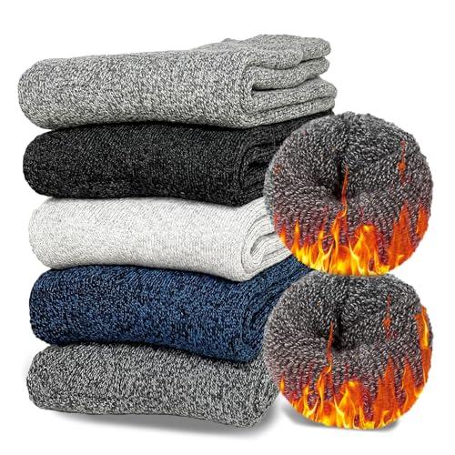 Josnown 5 Paia Calzini Termici Uomo, Calze di Lana Addensati e Caldi, Design Morbido e Accogliente in Spugna Intera, Taglia 39-45