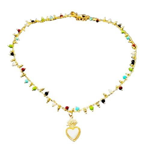 Collana Con Cuore Sacro Ex Voto Catenina Con Perline, Idea Originale per Regalo Natale,Fatto a Mano, Gioielli Siciliani Donna Ragazza Uomo Ciondolo Perline Colorate Piccolo (Bianco)