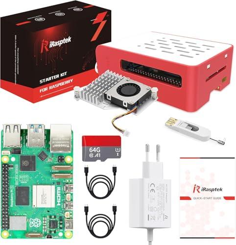 iRasptek Raspberry Pi 5 8GB RAM Starter Kit - Edizione OS-Bookworm da 64GB preinstallata(Custodia rosse e bianca)