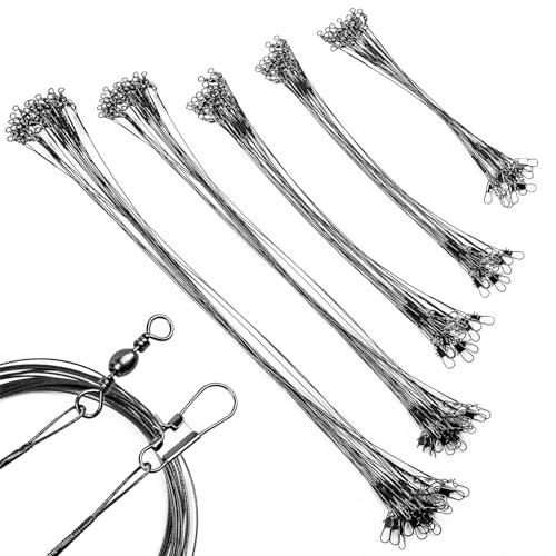 50 Pezzi Leader Filo da Pesca in Acciaio Inossidabile, Anti Morso Pesca Terminali Acciaio, Lenze in Acciaio Inox con Girella(10cm/15cm/20cm/25cm/30cm)