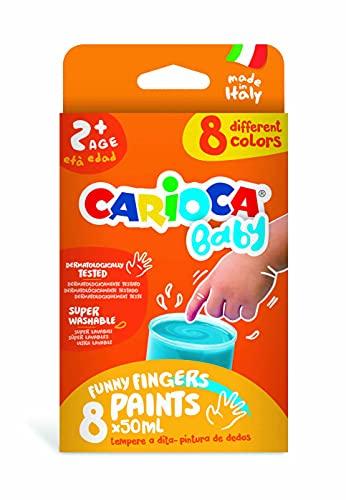 CARIOCA Tempera a Dita Baby, Set di Tempere Lavabili per Bambini 2 Anni+, Colori Brillanti, Lavabili, Atossici e Inodori, Dermatologicamente Testati, Kit Pittura Bambini con 8 Colori Assorti da 50 ml