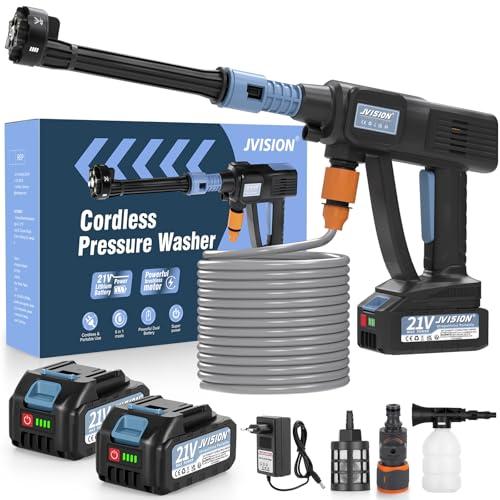 Idropulitrice a Batteria, 21V Idropulitrice Elettrica Portatile con 2 Batterie e Tubo da 5M, Lavatrice Senza Fili per Auto, Giardino, Terrazza, Prato e Irrigazione