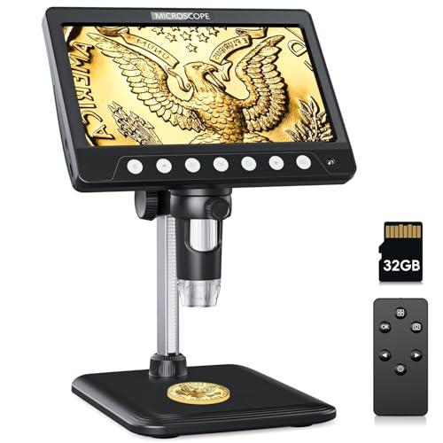Microscopio CIMELR, microscopio digitale da 7 pollici, risoluzione 50X-1200X, con 8 luci LED regolabili, microscopio per adulti, scheda TF da 32 GB (nero)