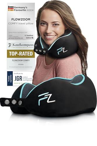 FLOWZOOM Comfy Cuscino da Viaggio per Aereo e Auto – Cuscino per il Collo Regolabile in Schiuma Memory con Supporto a 360°, Fodera Vellutata Lavabile e Sacchetto in Rete per il Trasporto – Nero
