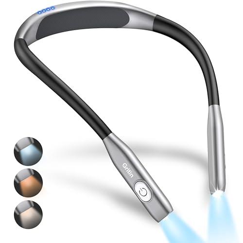 Gritin Collo Lampada da Lettura Ricaricabile,LED Luce da Lettura per Libri a Letto,3 Temperature di Colore,Design Ergonomico Intorno al Collo Comodo e Flessibile Luce del Libro per Studio,Letto,Viaggi
