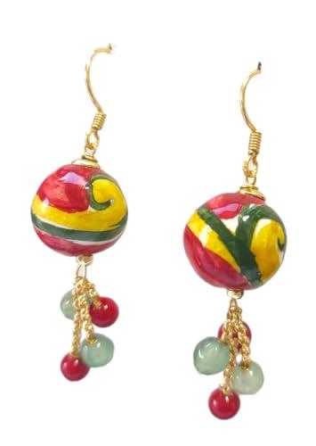 Orecchini Sicily Pendenti Ceramica Dipinta A Mano Fantasie Siciliane, Fatto a Mano Idea Regalo Natale Originale, Gioielli Siciliani Donna Ceramica (rosso verde perline)