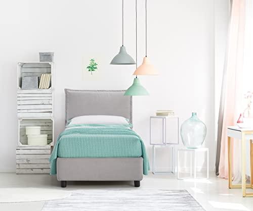 EVERGREENWEB – Letto Singolo con Moderno Box Contenitore e Rete a Doghe in Legno Elegante Testiera Tessuto Imbottito SFODERABILE colore Ghiaccio Ideale per Camera da Letto