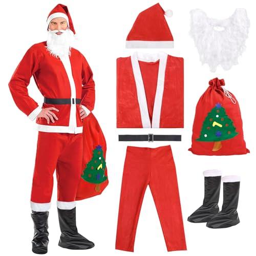 SanRes 7 Pezzi Costume da Babbo Natale per Uomo Set,Set per Costume Babbo Natale o San Nicola,con Casacca,Pantaloni,Cintura,Cappello,Copristivali,Barba e Borsa di Regalo per Natale,Festa a Tema