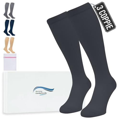 360 Relief Calze Compressione Graduata Donna e Uomo - 3 Coppie Solido Colore Gambaletti Compressione Graduata per Sports, Running, Viaggio, Ciclismo, Lavoro - L/XL Nero con Borsa Lavanderia
