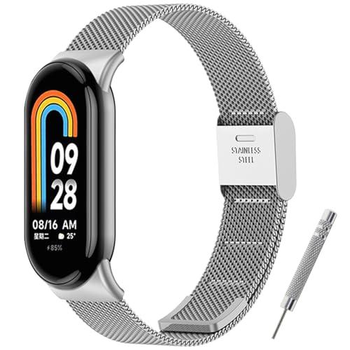 BANGTING Cinturino Acciaio Inossidabile Compatibile con Xiaomi Mi Band 10/9/8, Cinturini Metallo di Ricambio per Mi Band 9 Bracciale (Argento (Tipo di fibbia))