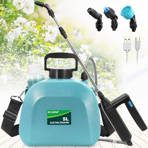Nebulizzatore Giardino a Batteria da 5 l, Spruzzatore a Pressione Elettrico con 3 Ugelli per Nebbia, Manico Ricaricabile USB e Bacchetta Retrattile, Nebulizzatore Acqua da Giardino