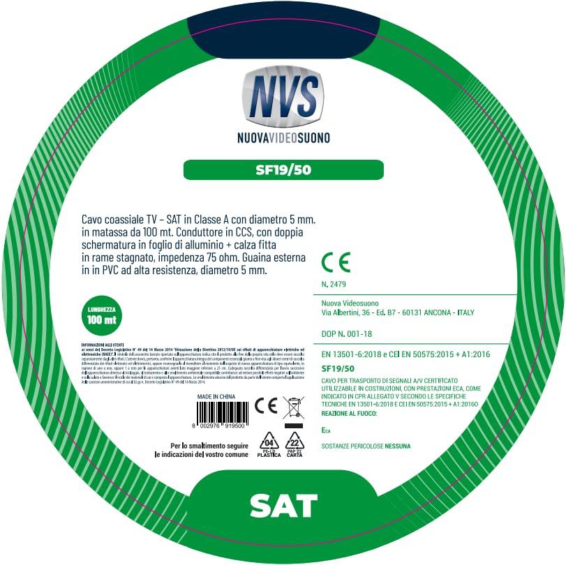 NVS Cavo coassiale TV – SAT in Classe A con diametro 5 mm in matassa da 100 mt. Conduttore in CCS, con doppia schermatura in foglio di alluminio + calza fitta in rame stagnato, impedenza 75 ohm.