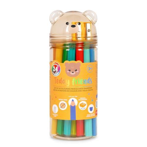 Legami - Set di 24 Matite Colorate con Temperino Teddy Friends, Pastelli per Colorare, a Forma di Orsetto, Resistenti, Senza Legno, Colori brillanti, Contenitore in PET riutilizzabile