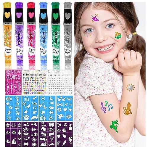 Penne Glitter Tatuaggi per Bambini con 6 Pennarelli Glitter, 9 Stencil Carini, 330 Diamanti Colorate, Festa Giocare Disegnare Tatuaggi Bambini, Gadget Compleanno Bambina, Regalo Bambina 5 6 7 8 9 Anni