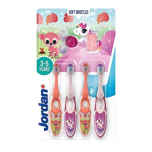 Jordan* | Step 2 Spazzolino da denti Bambini | Spazzolino per bambini di età 3-5 anni | Setole morbide, doppio manico ergonomico e senza BPA | Colore Rosa & Giallo | Confezione 4 unità