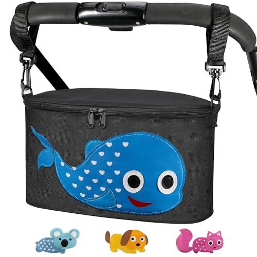 Bello it Borsa per Passeggino o Carrozzina, Borsa porta oggetti universale， Design animali colorati, Leggera e Capiente con ganci e tracolla inclusi Tema: (Balena) colore : Nero