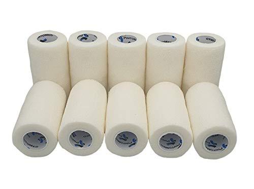 PintoMed Bendaggio Coesivo - 10 x BIANCO - garza elastica - 10 rotoli x 10 cm x 4,5 m autoadesiva flessibile bende, primo soccorso - Wrap Cohesive Bandage - Confezione da 10